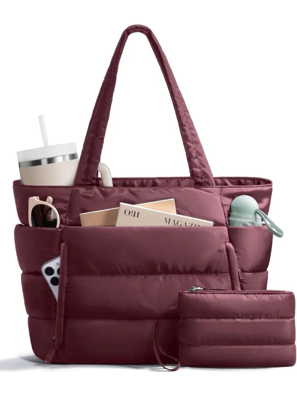 👜Women's Burgundy Puffer Tote Bag 16 Pockets Work Gym Travel Laptop Handbag